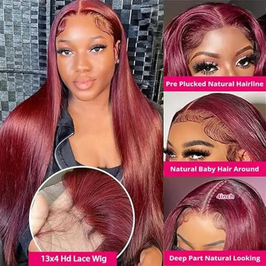 Bone Straight Human Hair Wigs Burgundy 13x6 Hd Lace Frontal Human Hair Wig 99j 13x4 Hd Lace Wigs 200% High Density 36 Inch