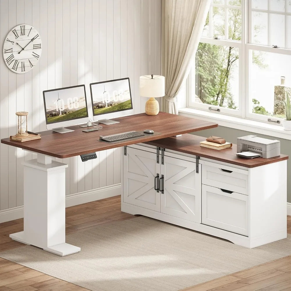SEDETA Farmhouse L Shaped Standing Desk, 55 inch Height Adjustable Corner Desk with Storage Drawers, Standing Computer Desks wit