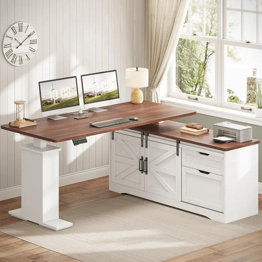 SEDETA Farmhouse L Shaped Standing Desk, 55 inch Height Adjustable Corner Desk with Storage Drawers, Standing Computer Desks wit