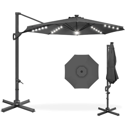 10ft Solar LED Cantilever Patio Umbrella, 360-Degree Rotation Hanging Offset Market Outdoor Sun Shade for Backyard,, Customized