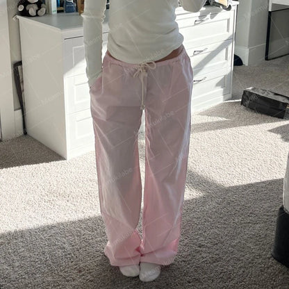 Y2K Vintage Striped Loose Pants Comfy Loung Pants Streetwear Casual Tie Up Waist Wide Leg Trousers Women Pajamas Sleepwear