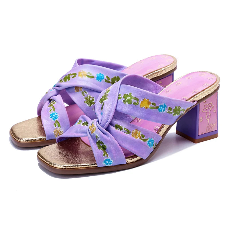 Purple Handmade Woman Slippers Luxury Party Banquet Shoes 6.5CM High Heels Summer Fashion Slide Lady Square Toe Bohemian Sandals