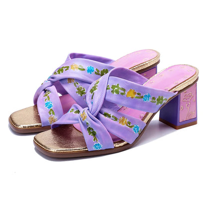Purple Handmade Woman Slippers Luxury Party Banquet Shoes 6.5CM High Heels Summer Fashion Slide Lady Square Toe Bohemian Sandals