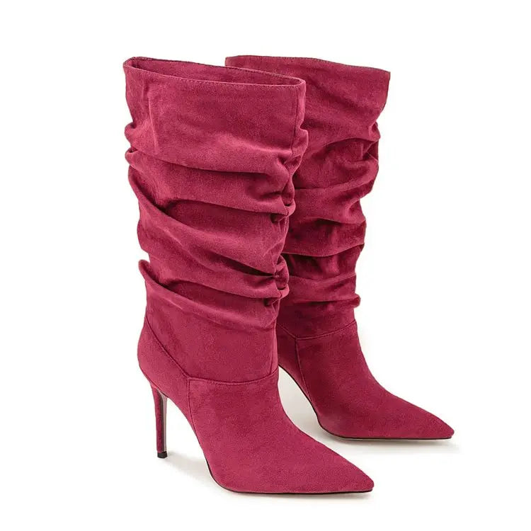 2025Women's Autumn and Winter New Pleated High-heeled Short Boots with Pointed Sleeves, Women's 35-47 Large Mid Length Boots