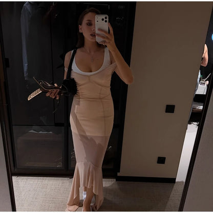 Sheer Mesh Overlay Lace Hem Slip Midi Dress Slim Spaghetti Strap 2026 Summer Elegant Women Bodycon Dress Trendy Date Lady Gown