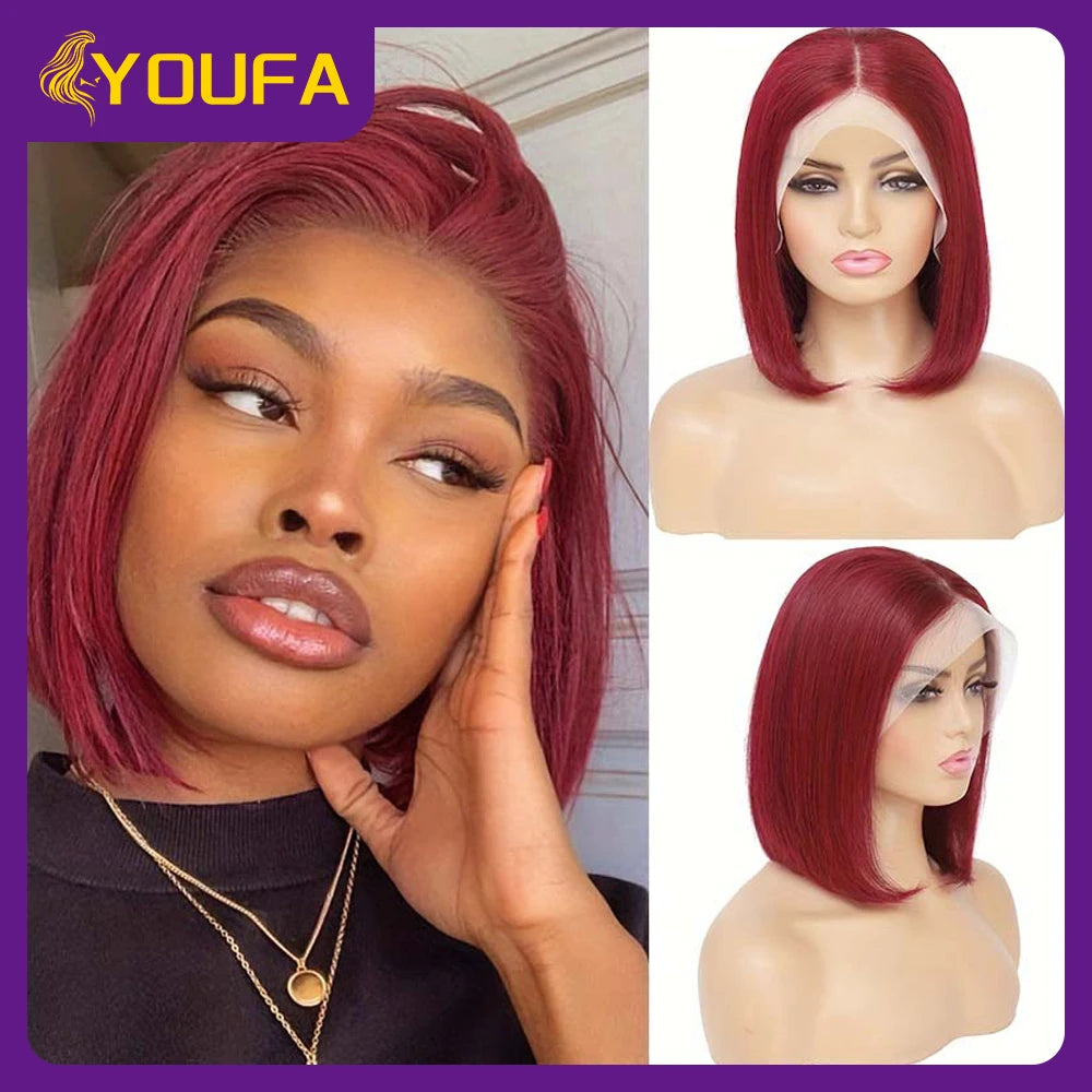 Burgundy 13x4 Lace Front Wigs With Bangs New Style 100% Brazilian Straight Human Hair Wigs Transparent Lace Frontal Bang Wigs