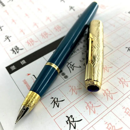 WingSung 601A Double Blue Stone Fountain Pen Gold Carving Cap Vacuum Piston F 0.5mm Iridium Wrapped Nib Writing Ink Pens Gift