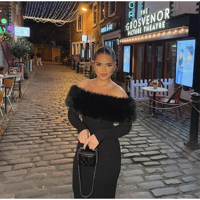 Faux Fur Patchwork Strapless Dress Women Sexy Off-shoulder Full Sleeve Cinched-waist Slim Long Gown Lady Christmas Party Dresses