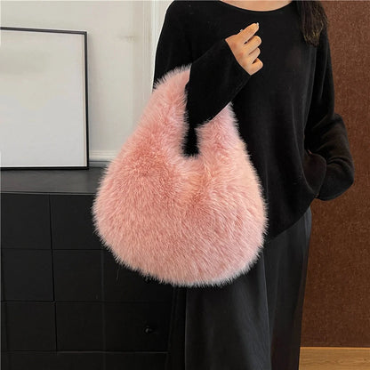 Winter Shoulder Bags Casual Furry for Women Solid Color Soft Plush Ladies Clutch Purse Handbags Lightweight Female Hobos Bag
