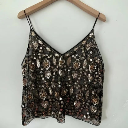 Women's Hot Sweet Sequin Bead Crop Tops Sexy Sling Slim Fit Short V-neck Straight Tank Top Korean Fashion Y2k Clothing