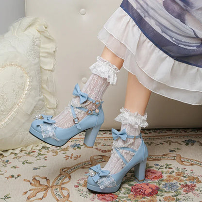 Cross Strap Women High Heels Mary Jane Pumps Party Wedding Cosplay White Pink Black Strawberry Bow Princess Cosplay Lolita Shoes