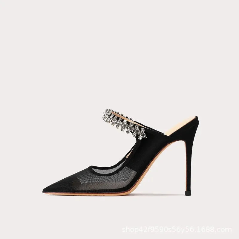 2024 New One Word Water Diamond Women's Summer Baotou Mesh Fine Heels Pointed High Heels Black Slippers
