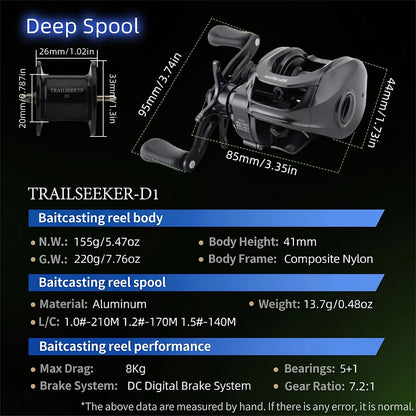 Huidiao TRAILSEEKER D1 Ultralight DC Baitcasting Reel 155g BFS Baitcaster 7.2:1 Zero Backlash 5+1BB for Bass Finesse Fishing
