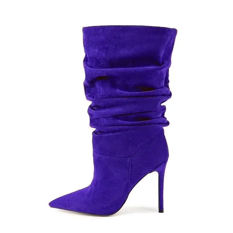 2025Women's Autumn and Winter New Pleated High-heeled Short Boots with Pointed Sleeves, Women's 35-47 Large Mid Length Boots