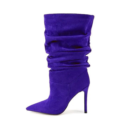 2025Women's Autumn and Winter New Pleated High-heeled Short Boots with Pointed Sleeves, Women's 35-47 Large Mid Length Boots