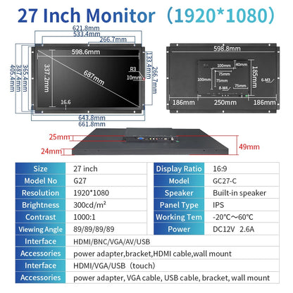 Zhixianda 27 Inch 1920*1080 Open Frame Industrial Monitor Capacitive Touch Screen Display With BNC VGA AV HDMI USB Interface
