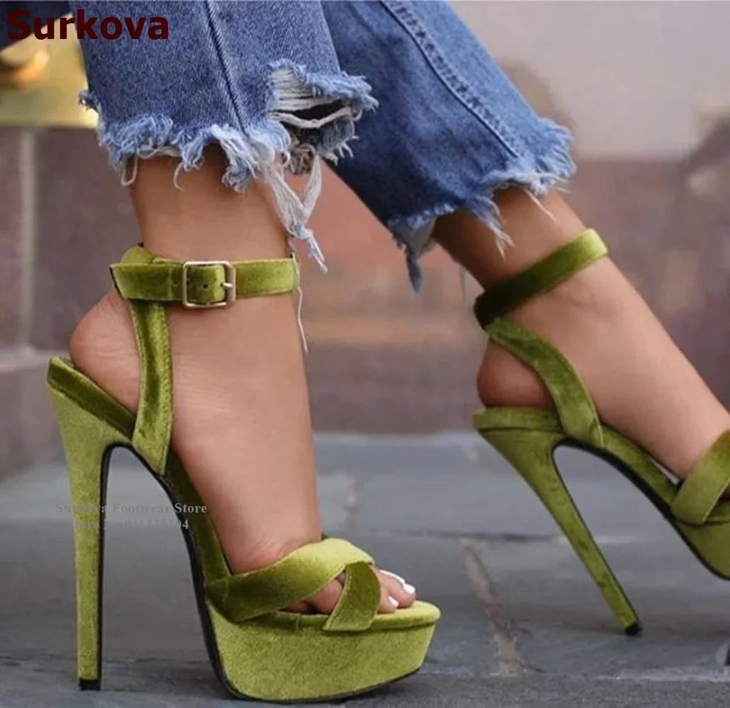 Surkova Magenta Velvet Platform Sandals Stiletto Heel Slingback Dress Shoes Cross Strap Luxury Wedding Pumps Size46