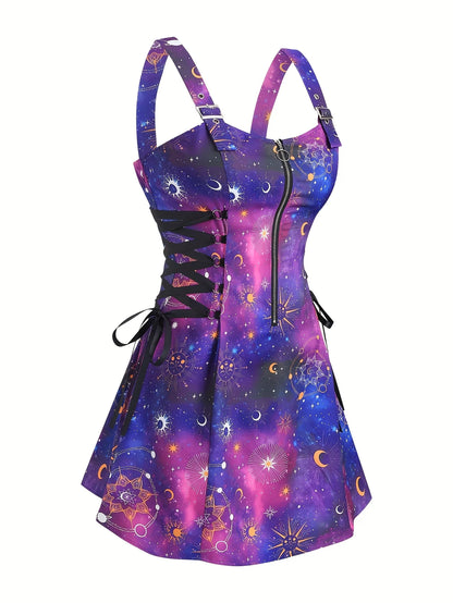 European and American trend oversized ladies slimming shoulder strap zipper full print skull pattern dress