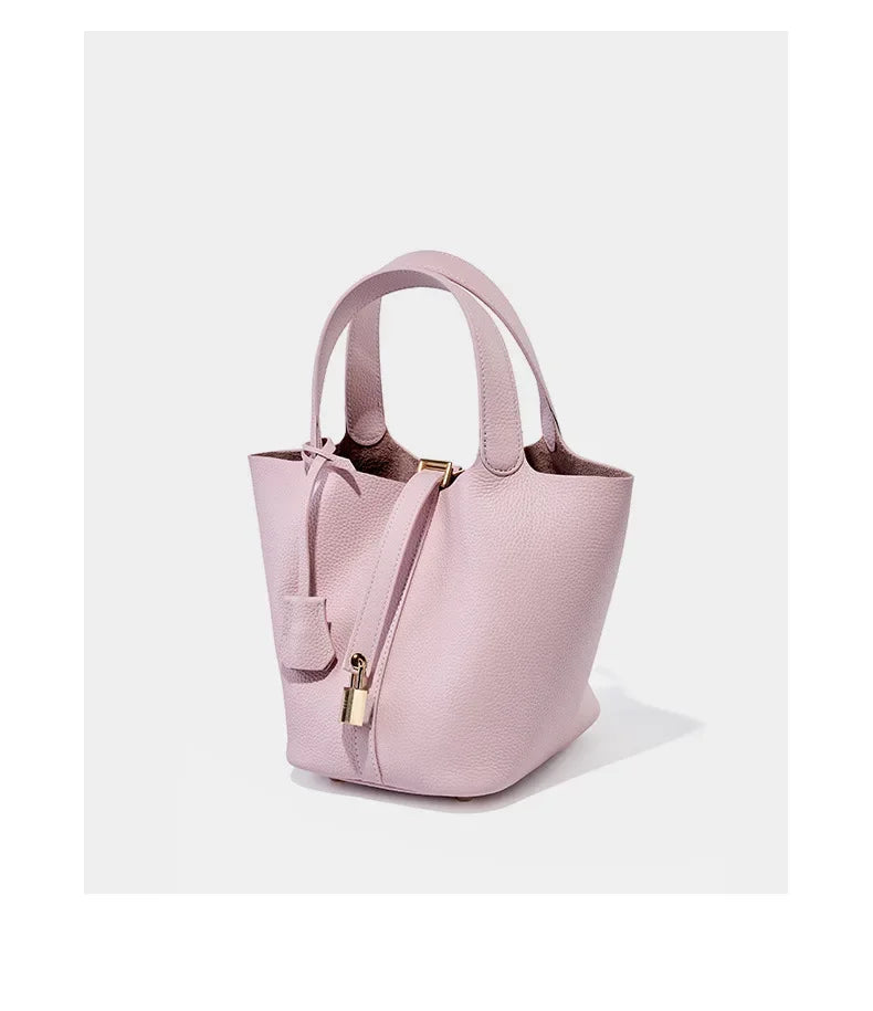 Genuine Leather Shoulder Bucket Bag Women Litchi Pattern Mini Basket Tote Soft Handbag Mommy Bride Wedding Bags with Lock