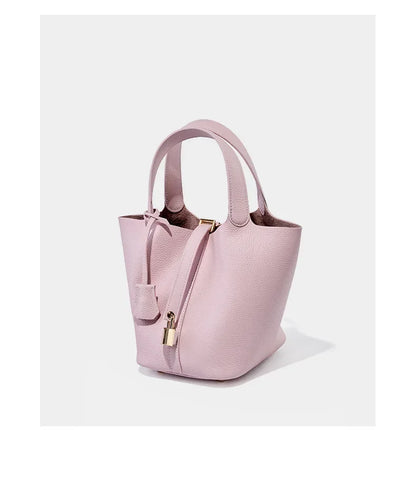 Genuine Leather Shoulder Bucket Bag Women Litchi Pattern Mini Basket Tote Soft Handbag Mommy Bride Wedding Bags with Lock