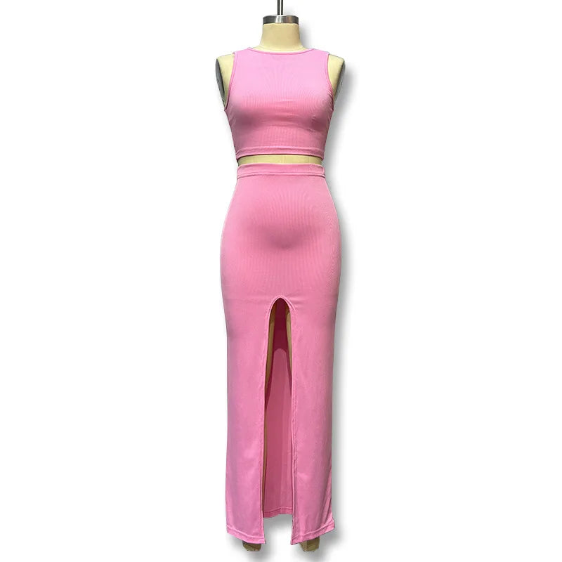 2026 Summer Casual Sleeveless Tank Top and Split Skirt Sexy Elegant Two-piece Set Slim Fit Fashion High Waist Solid Color Suit