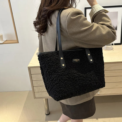 Soft Handbag Large Capacity Fall Winter Shoulder Bag Women Lamb Wool Tote Bag Zipper Closure Casual Shopping Traveling Tote