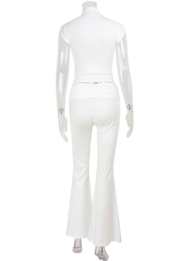 Ahagaga Sexy Women's Sets Short Sleeves Hollow Out Skinny Zipper Basic 2Pcs (Tops+Long Pants) High Street Turtleneck Reacksuits