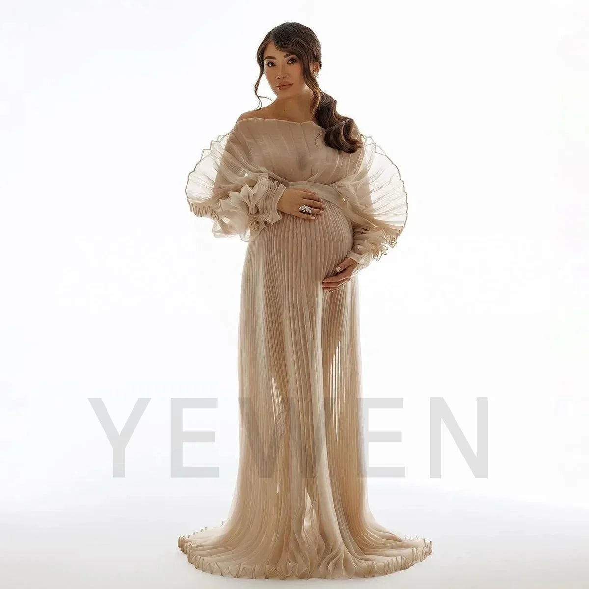2026 Fashion Sheer Pleated Organza Maternity Dresses for Photoshoot Long Dress for Maternity Shoot Baby Shower Dresses YEWEN