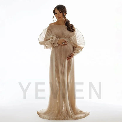 2026 Fashion Sheer Pleated Organza Maternity Dresses for Photoshoot Long Dress for Maternity Shoot Baby Shower Dresses YEWEN