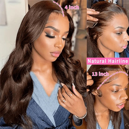 OKVOKV Chocolate Brown Color Body Wave 13x4 Transparent Lace Front Wigs 250% Density 30 32 Inch Human Hair Pre Plucked With Baby Hair For Women Body Wave HD Lace Front Wigs