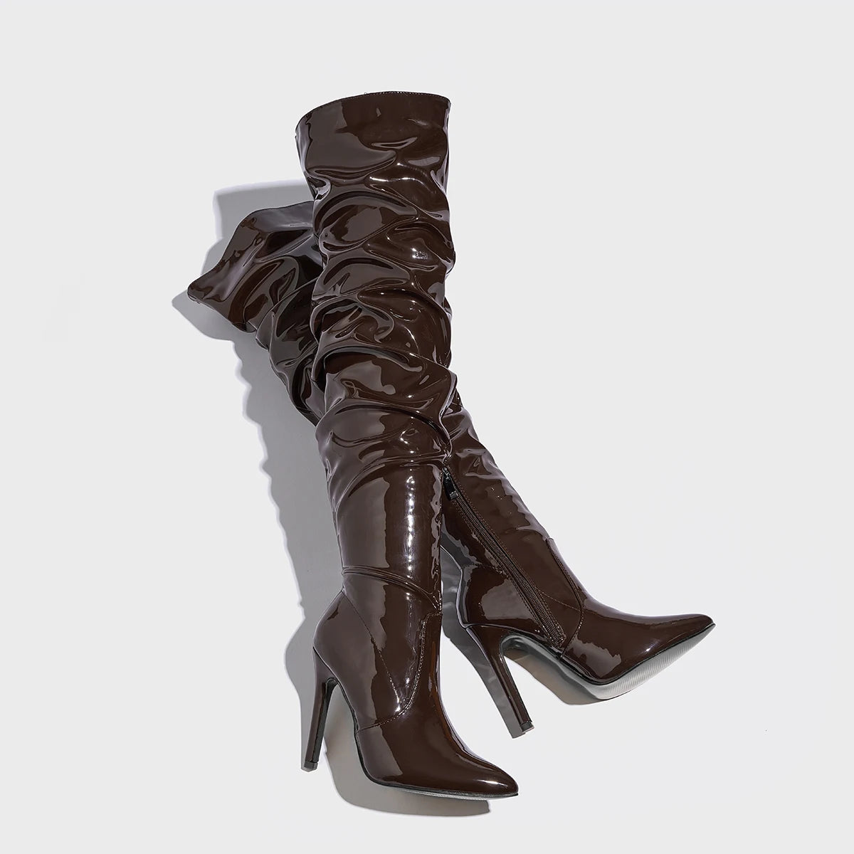 Sharp Pointed Patent Leather Fashionable Women's Boots Model Walking High Heels Boots Brown High Top Knee Size