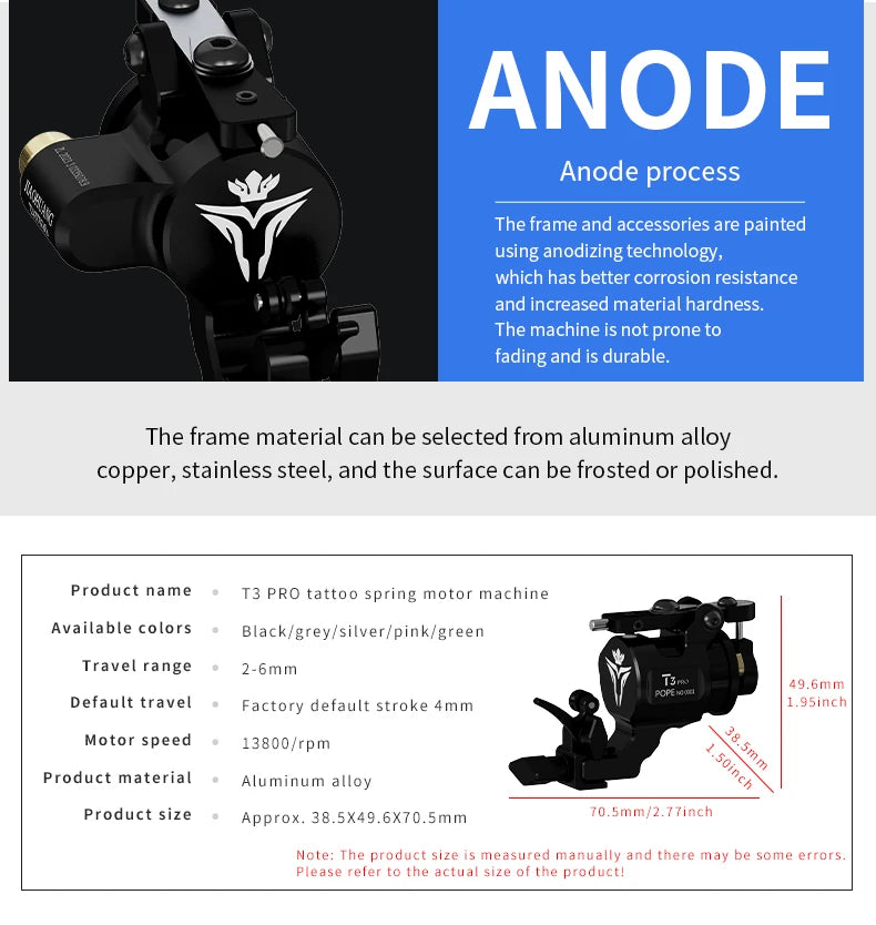 POPEIRONS Brand T3Pro Rotary Tattoo machine Adjustable Stroke 2225 Powerful Motor tattoo gun