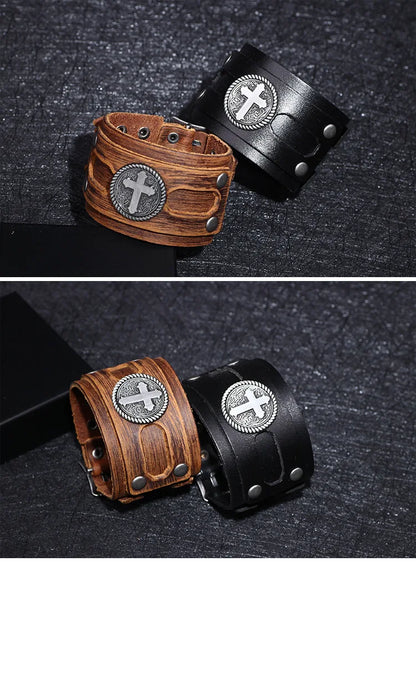 Kirykle Fashion Cross Stud Spikes Rivet Bracelet for Man Adjustable Leather Wristband Bangle Cuff Wide Cuff Punk  Jewelry Gift