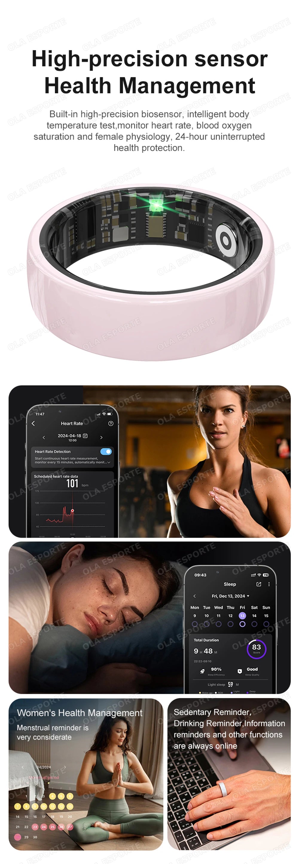 Smart Couple Ring Bluetooth Connection Multiple Sports Modes Pedometer Fitness Rings Heart Rate Sleep Monitoring 5ATM Waterproof