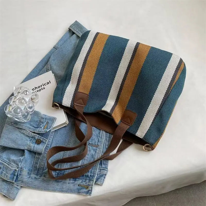 Tote Bag for Women Large Capacity Canvas Striped Shoulder Bag with Cute Pendant Commute Handbag Casual Versatile Crossbody Bag