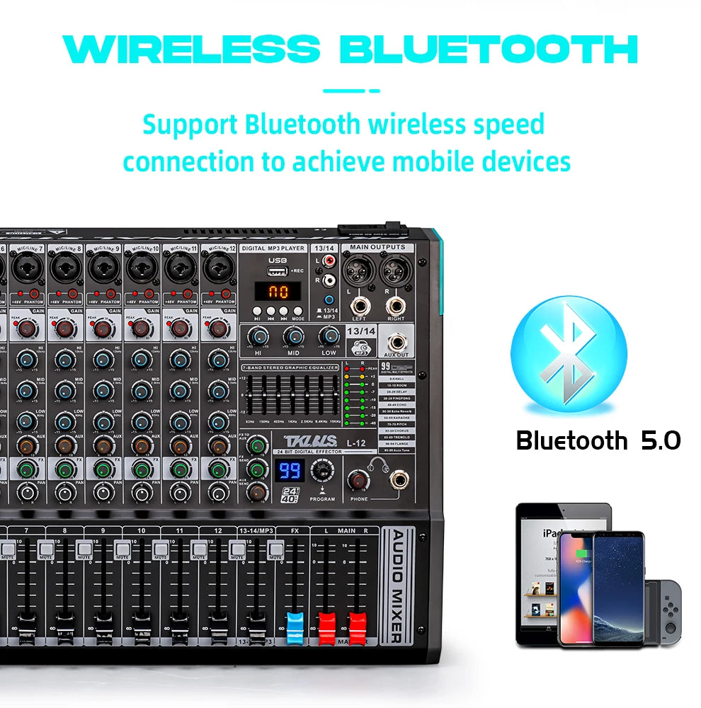 TKLBLS L12 mixer Professional 12 channel USB DJ PC 99 DSP effect  Bluetooth 48V party performance