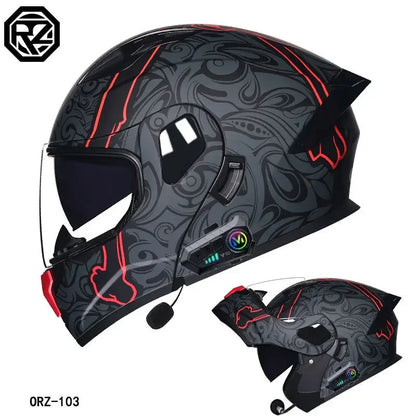 ORZ-103 Motorcycle Dual-Lens Helmet Men Women Bluetooth Full Helmet All Seasons Flip Helmet with Tail Wing DOT Certification