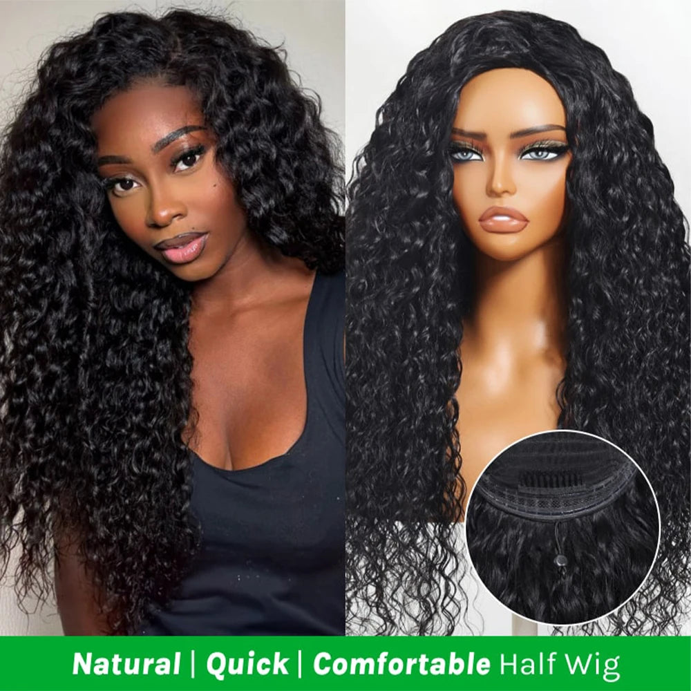 Water Wave Glueless Wigs Wear And Go 3 IN 1 Half Wigs Human Hair 200% Density Machine Made Clip-in Wigs With Drawstring Seamless
