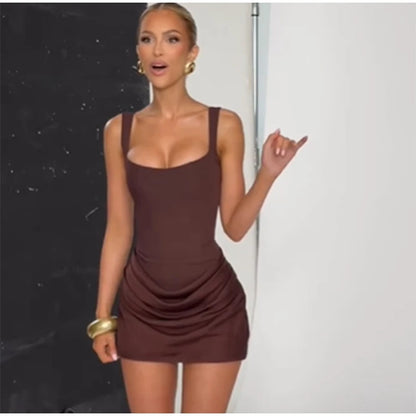 Women Square-neck Halter Mini Dress Sexy Pleated Sleeveless Backless High Waist Bodycon Dresses 2025 New Summer Lady Party Robes