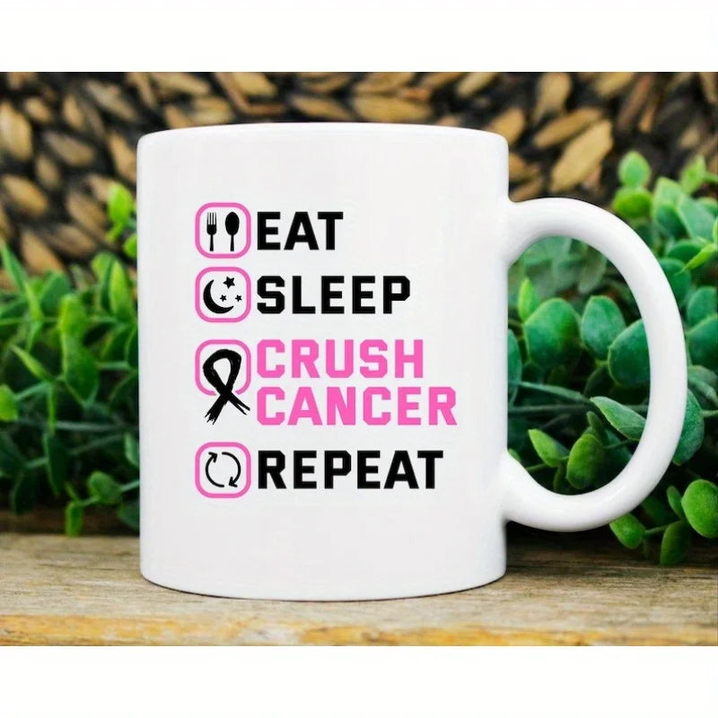 Eat Sleep Crush Cancer Repeat Mug - Breast Cancer Awareness Coffee Cup with Pink Ribbon Design, Microwave Safe & Hand Wash Only