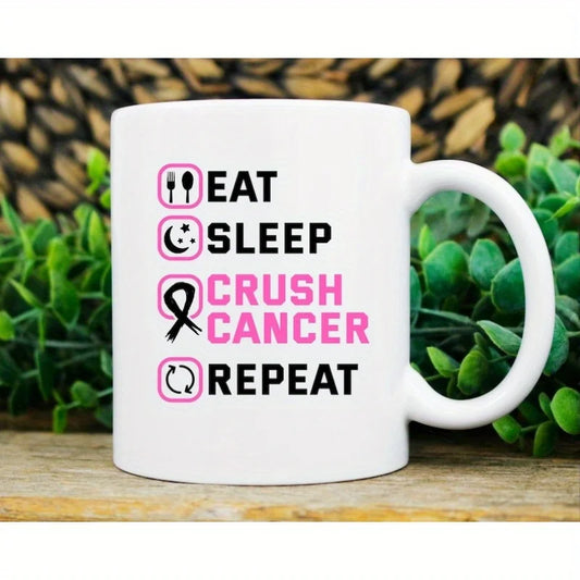 Eat Sleep Crush Cancer Repeat Mug - Breast Cancer Awareness Coffee Cup with Pink Ribbon Design, Microwave Safe & Hand Wash Only