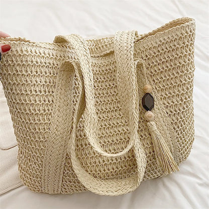 Women Hand Woven Tote Bag Solid Color Large Capacity Square Handbag Straw Shoulder Bag with Tassel Pendant