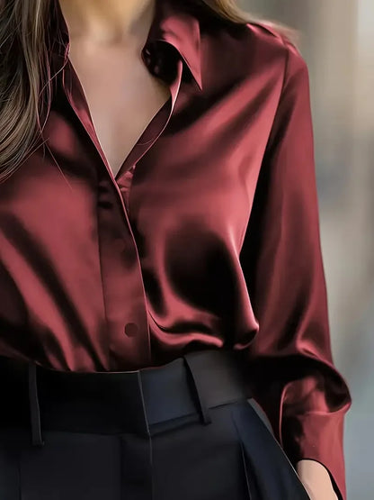 2025 Spring and Autumn Women's Lapel Shirt Brown Button Cardigan Top Black Elegant Fashion Office Basic Blouses for Female