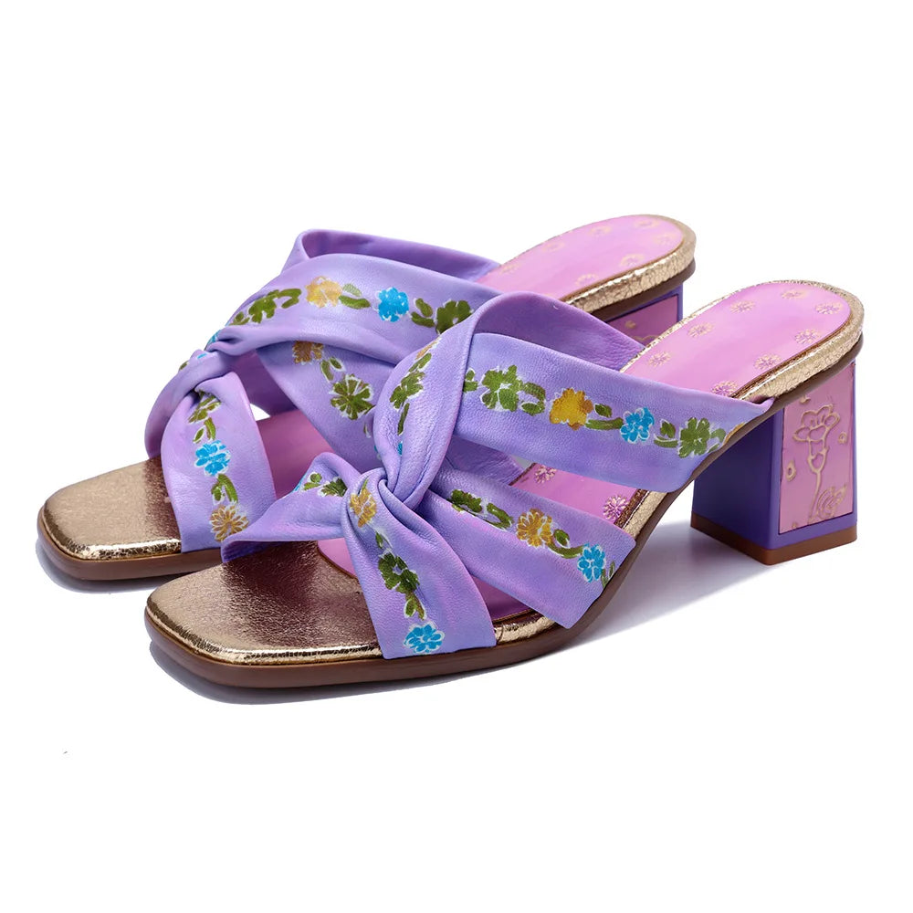 Purple Handmade Woman Slippers Luxury Party Banquet Shoes 6.5CM High Heels Summer Fashion Slide Lady Square Toe Bohemian Sandals