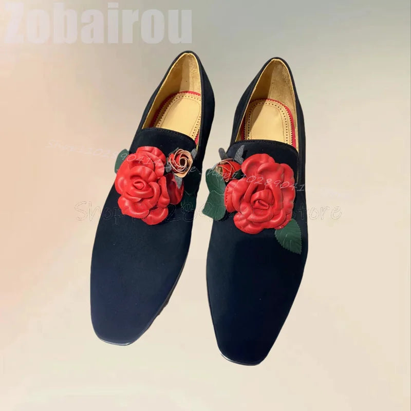 Red Appliques Decor Black Square Toe Flock Loafers Fashion Slip On Men Shoes Luxurious Handmade Party Banquet Men Casual Shoes