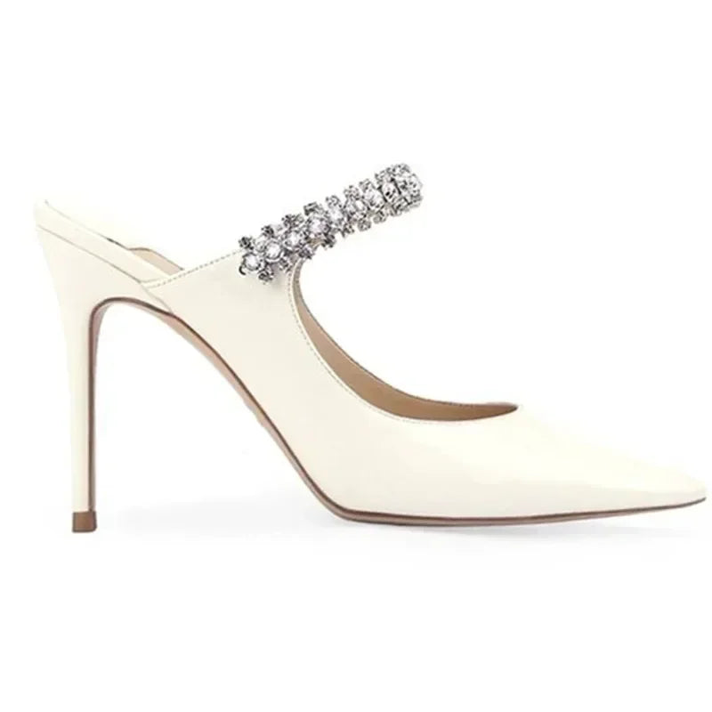 2025 New Fashionable Fine Heeled Muller Shoes with Pointed Water Diamond Chain Banquet Shallow Mouth Women's High Heel Sandals