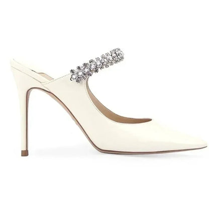 2025 New Fashionable Fine Heeled Muller Shoes with Pointed Water Diamond Chain Banquet Shallow Mouth Women's High Heel Sandals