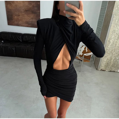 Sexy Hollow-out Pleated Mini Dress Women Fashion Solid Half High Collar Long Sleeve Slim Dresses 2025 Lady Party Club Robes