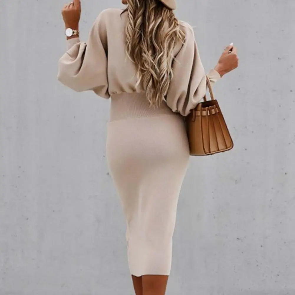 Women Autumn Dress Crew Neck Elegant Lantern Sleeve High Waist Women Bodycorn Dress Autumn Winter Office Ladies Midi Dress
