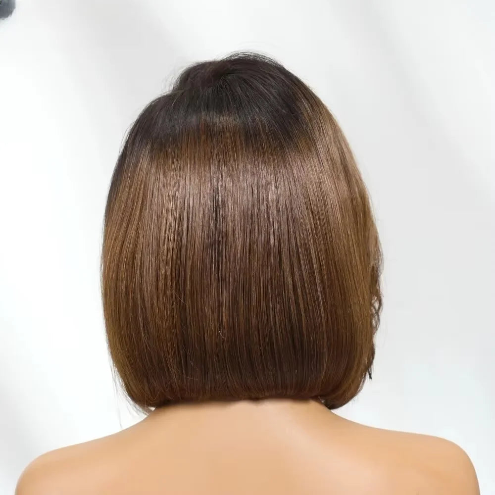 Glueless Bob Soft Preplucked Ombre Brown Lace Front Wig For Women 14Inch 180Density Straight Synthetic With Baby Hair Daily